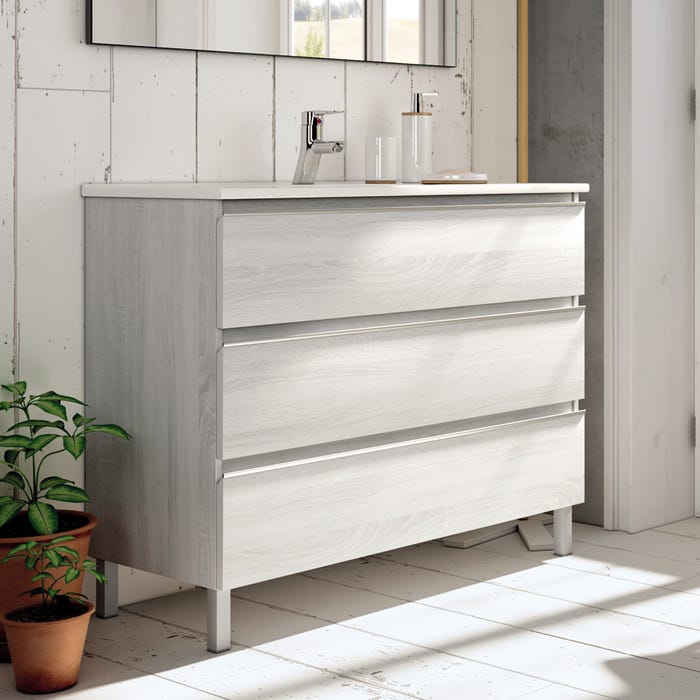 Meuble de salle de bain 60cm simple vasque - 3 tiroirs - sans miroir - PALMA - hibernian (bois blanchi) 0