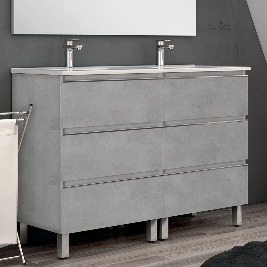 Meuble de salle de bain 120cm double vasque - 6 tiroirs - sans miroir - PALMA - ciment (gris) 0