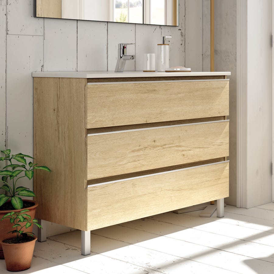 Meuble de salle de bain 100cm simple vasque - 3 tiroirs - sans miroir - PALMA - bambou (chêne clair) 0