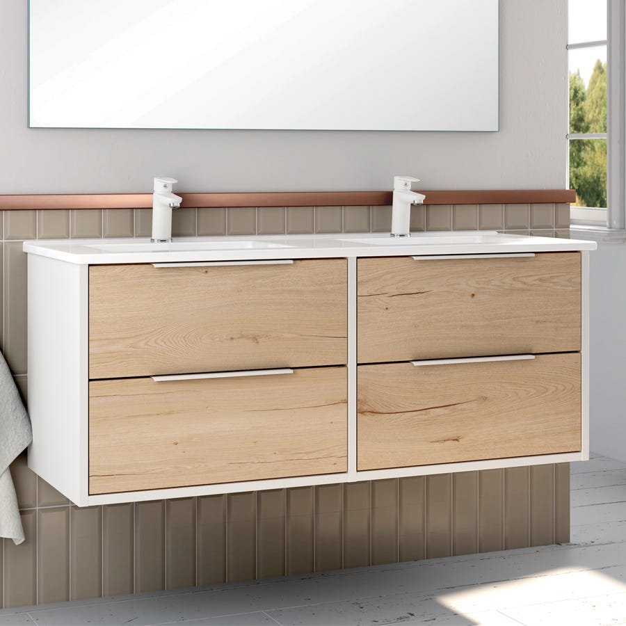 Meuble de salle de bain 120cm double vasque - 4 tiroirs - sans miroir - ALBA - blanc/roble 0