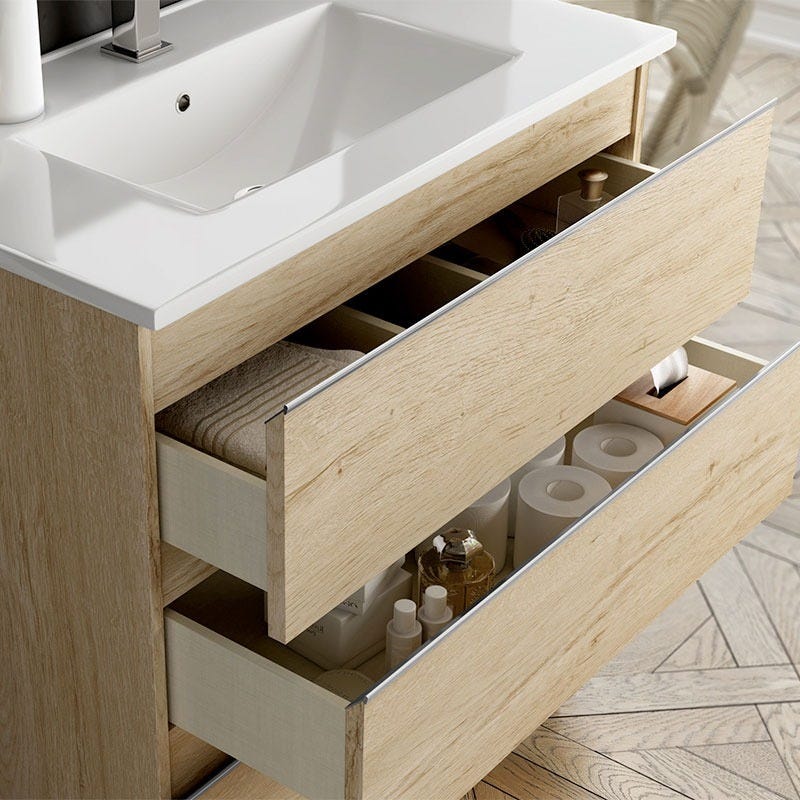 Meuble de salle de bain 80cm simple vasque - 2 tiroirs - sans miroir - BALEA - bambou (chêne clair) 1