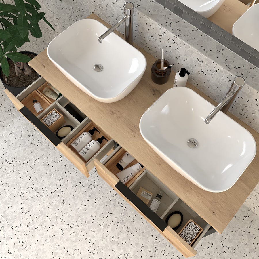 Meuble de salle de bain 80cm simple vasque - 2 tiroirs - sans miroir - ALBA - noir/roble 1