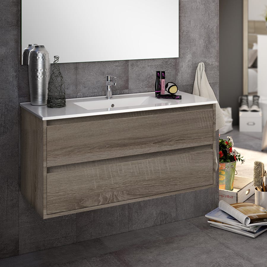 Meuble de salle de bain 80cm simple vasque - 2 tiroirs - sans miroir - IRIS - britannia (chêne foncé) 0