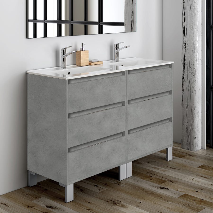 Meuble de salle de bain 120cm double vasque - 6 tiroirs - sans miroir - TIRIS 3C - ciment (gris) 0