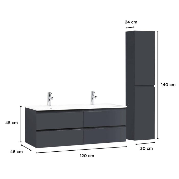 Meuble double vasque 120cm avec plan céramique SORRENTO Gris + colonne 3