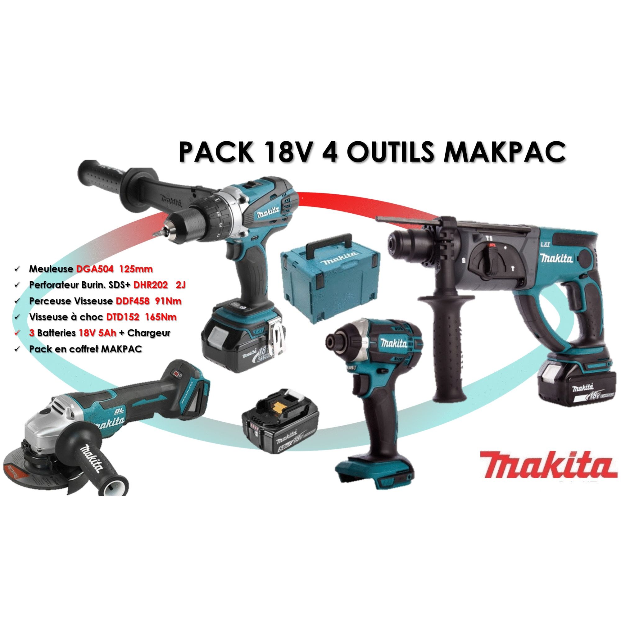 Pack de 4 outils 18V (DDF458/DTD152/DHR202/DGA504) + 3 batteries 5 Ah +  chargeur en coffret MAKPAC - MAKITA ❘ Bricoman