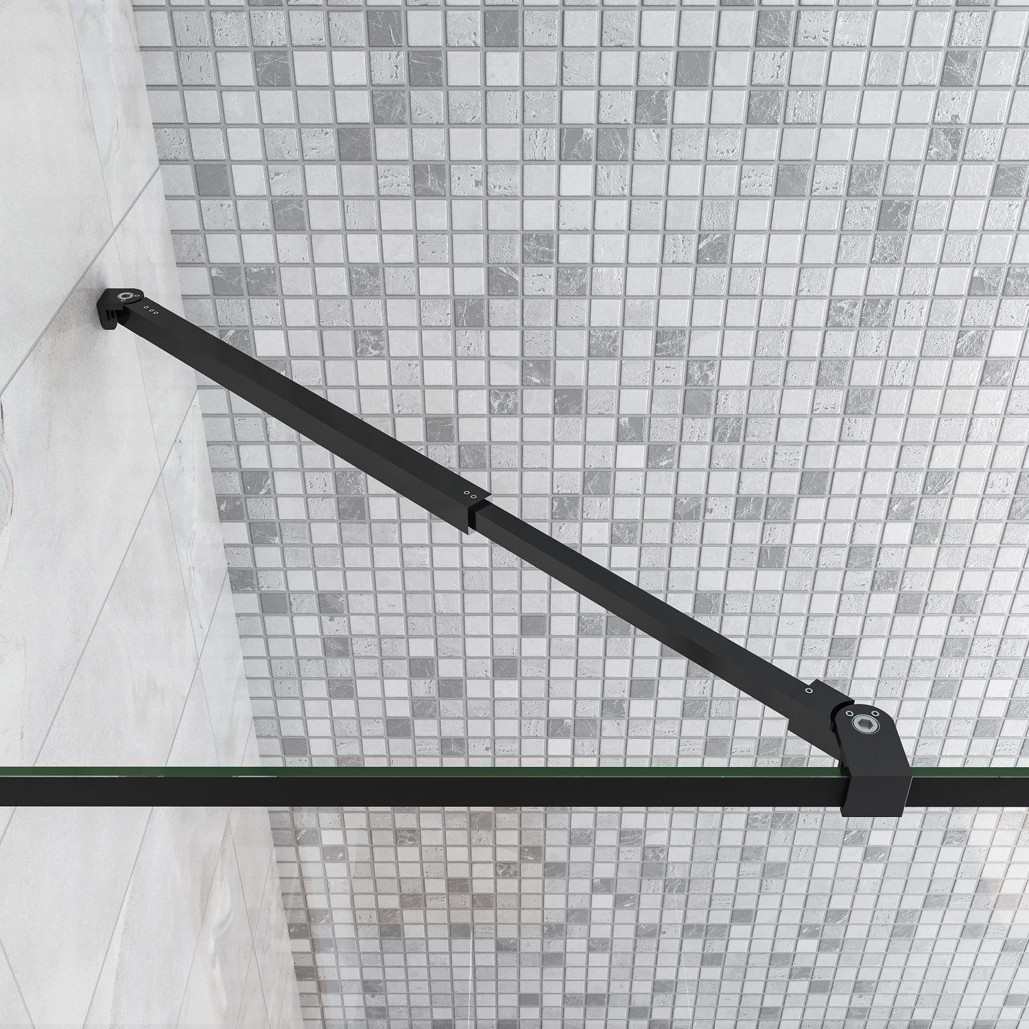 AICA Paroi de douche noire 120+30x200cm style modèle en verre trempé avec un retour pivotant 30cm et une barre de fixation extensible en carré 3