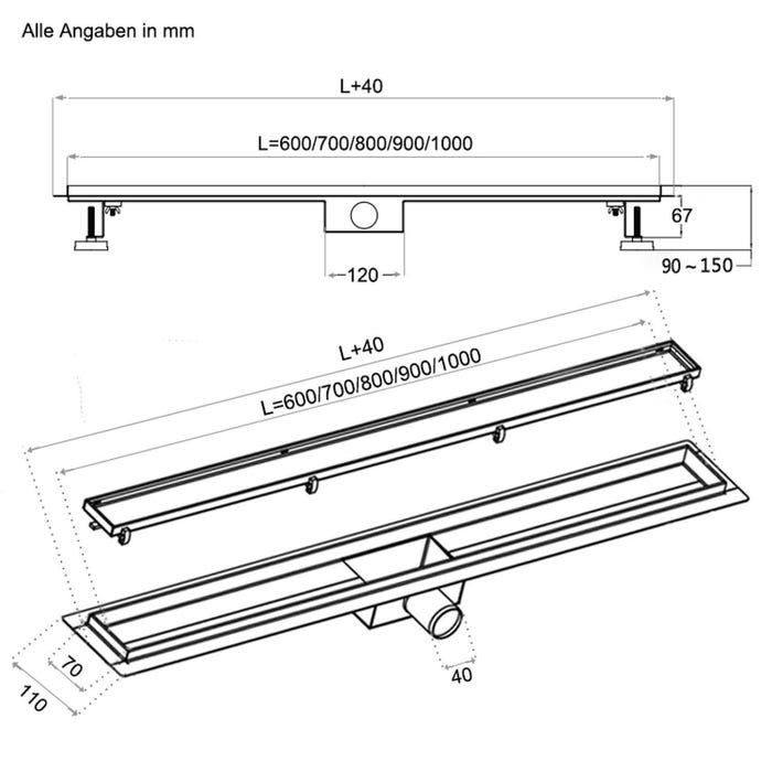 Aica Caniveau De Douche Italienne 90 Cm En Acier Inoxydable 2 En 1 À Carreler 3