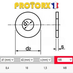 RONDELLE Plate MOYENNE M8 x 5pcs | Diam. int = 8,4mm x Diam. ext = 18mm | Acier Inox A2 | Usage Exterieur-Intérieur | Norme NFE 25514 | PROTORX 1