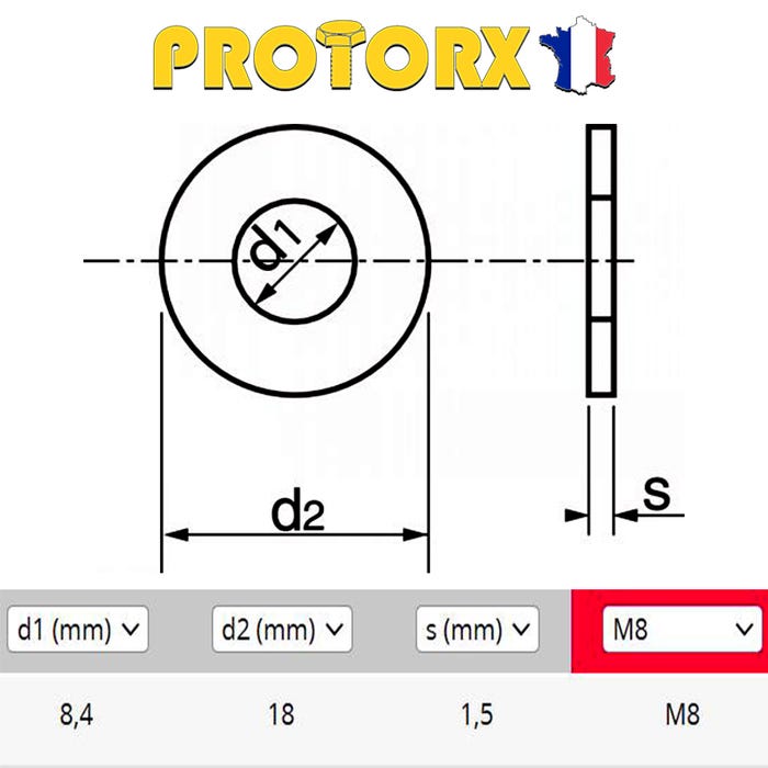 RONDELLE Plate MOYENNE M8 x 5pcs | Diam. int = 8,4mm x Diam. ext = 18mm | Acier Inox A2 | Usage Exterieur-Intérieur | Norme NFE 25514 | PROTORX 1