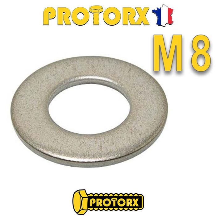 RONDELLE Plate MOYENNE M8 x 5pcs | Diam. int = 8,4mm x Diam. ext = 18mm | Acier Inox A2 | Usage Exterieur-Intérieur | Norme NFE 25514 | PROTORX 0