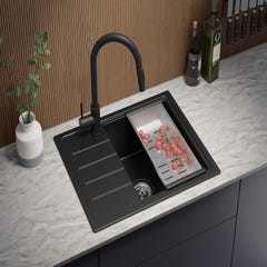 Evier Cuisine en Granit Noir Metallic, 62 x 50 cm, Lavabo 1 bac + Kit de Vidage, Évier à Encastrer Copenhague 620 de Primagran 1