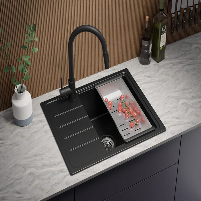 Evier Cuisine en Granit Noir Metallic, 62 x 50 cm, Lavabo 1 bac + Kit de Vidage, Évier à Encastrer Copenhague 620 de Primagran 1