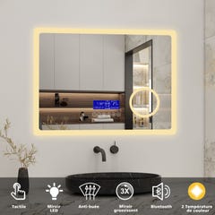 AICA Miroir tactile avec bluetooth LED 100*60cm, 3 couleurs changeable antibuée avec un miroir grossissant intégré avec lumière 1