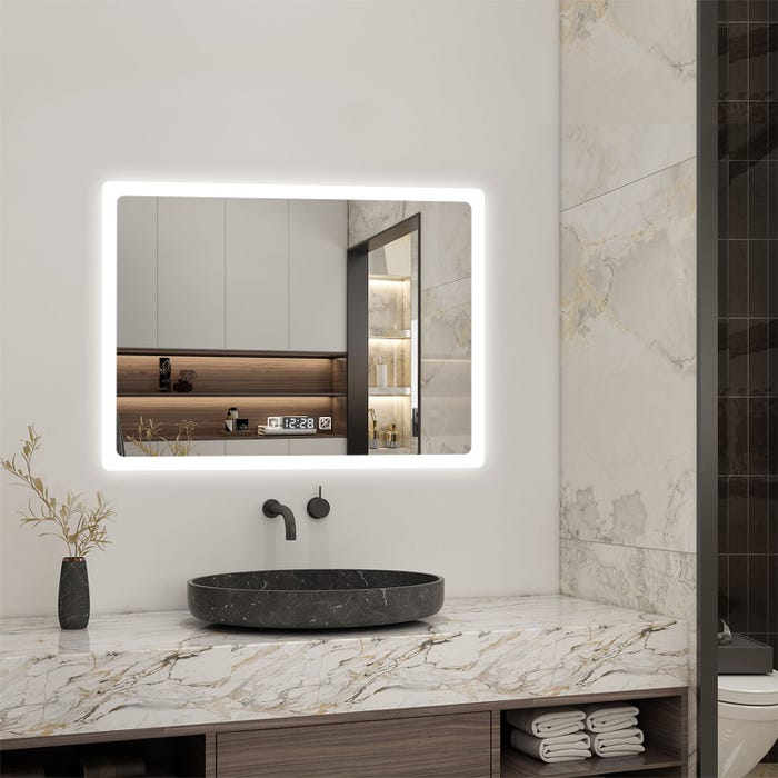 AICA Miroir LED de salle de bain rectangle horizontal anti-buée avec horloge, lumière blanc pur 3
