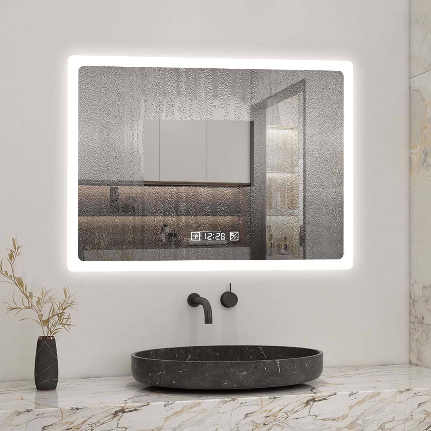 AICA Miroir LED de salle de bain rectangle horizontal anti-buée avec horloge, lumière blanc pur 2