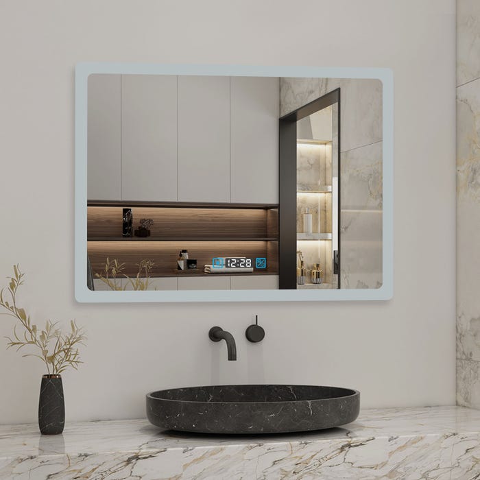 AICA Miroir LED de salle de bain rectangle horizontal anti-buée avec horloge, lumière blanc pur 1