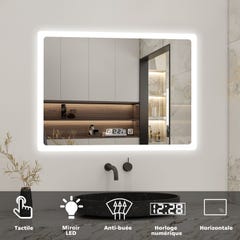AICA Miroir LED de salle de bain rectangle horizontal anti-buée avec horloge, lumière blanc pur 0