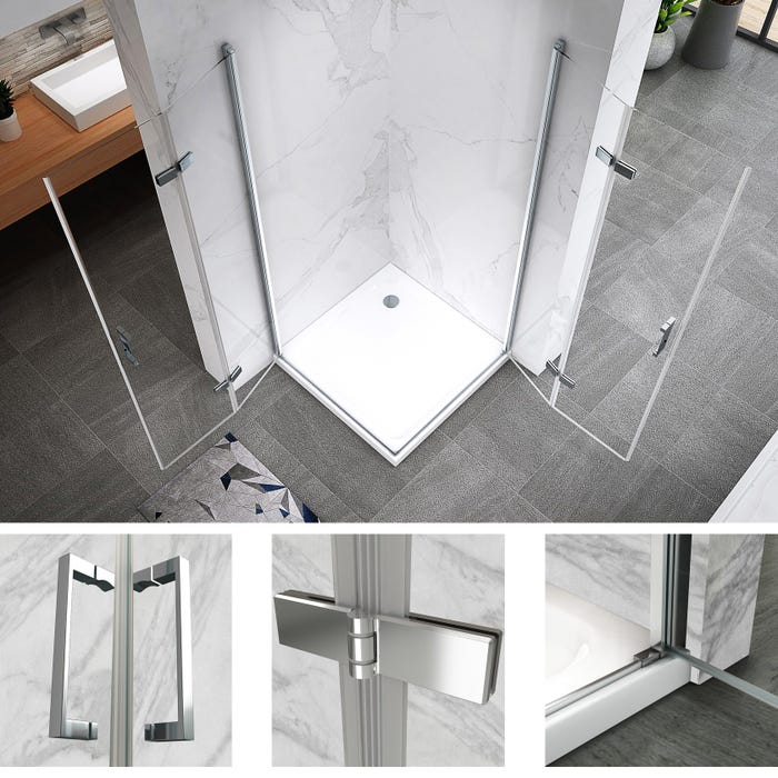 ATÉA Cabine de douche d'angle H 180 cm, 2 portes pliantes et pivotantes - verre transparent 85 x 85 cm + receveur 3