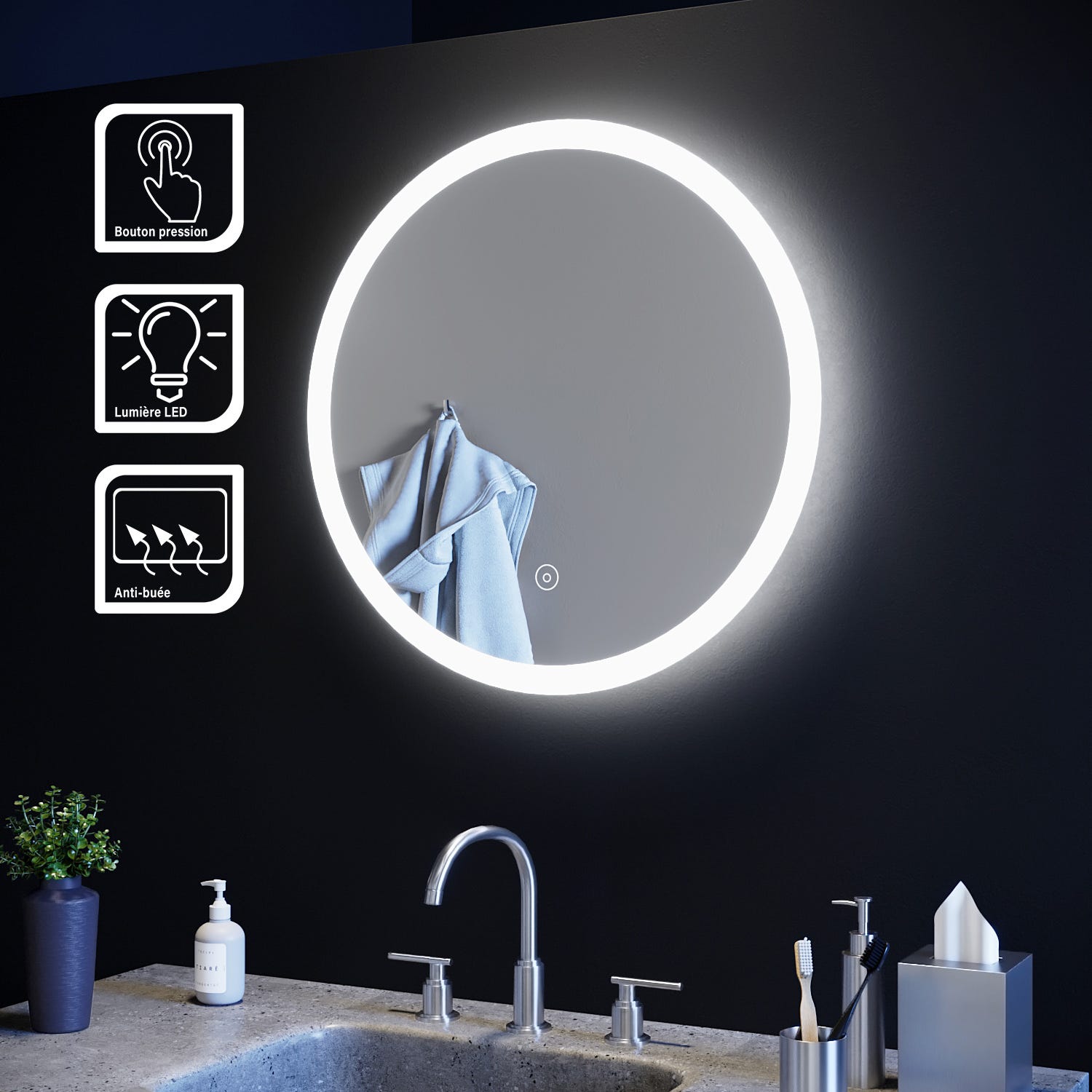 SIRHONA Miroir Rond Salle de bain LED 60x60cm Miroir de Maquillage Tactile, antipoussière et Anti-buée, lumière Blanche 2