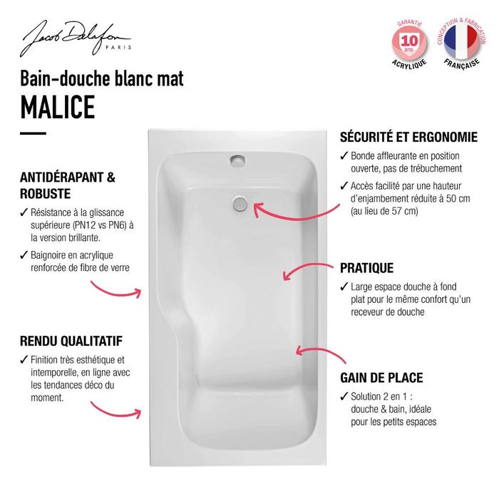 Baignoire bain douche JACOB DELAFON Malice antidérapante + nettoyant 170 x 90 version gauche 3