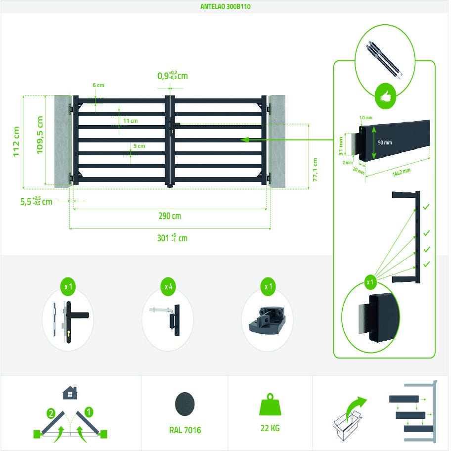 Pack portail battant ANTELAO 300B110 + Portillon ANTELAO 100P110 GRIS 1