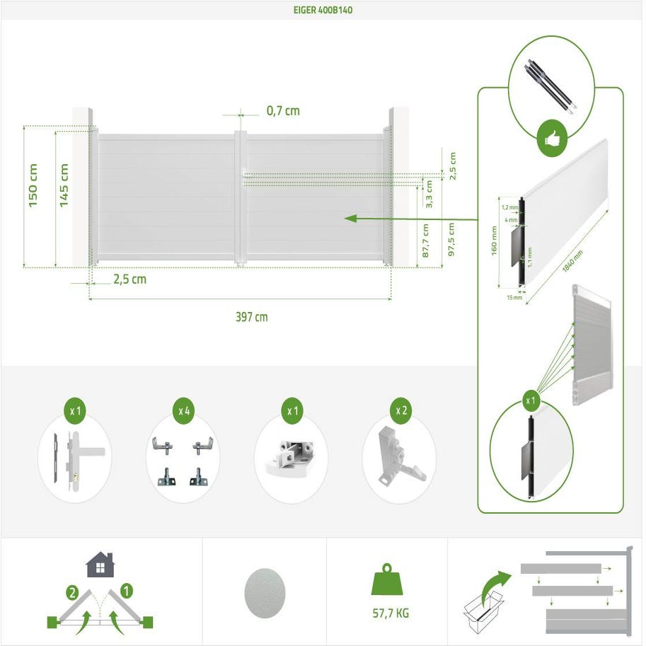 Pack portail battant EIGER 400B140 + 2 Poteaux alu H.166cm Blanc 1