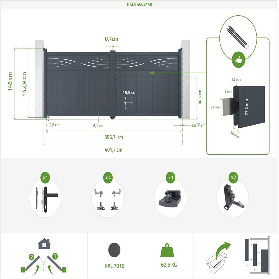 Portail battant électrique 4m HALTI 400B140 GRIS + TANKER B700 1