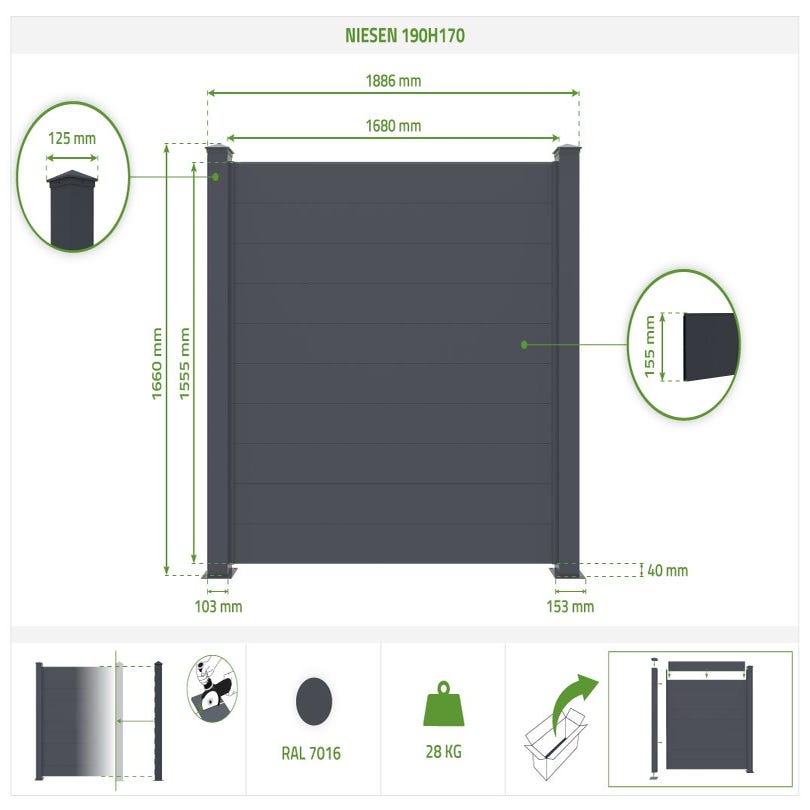 Lot de 2 panneaux de clôture aluminium NIESEN H.170 cm - Kit complet 3.8m 1