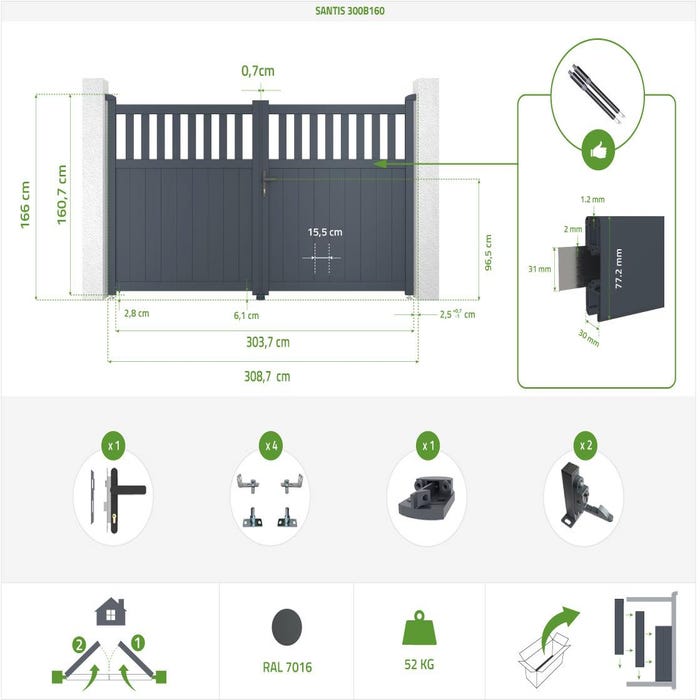 Pack portail battant SANTIS 300B160 + 2 poteaux h.190cm Gris 1
