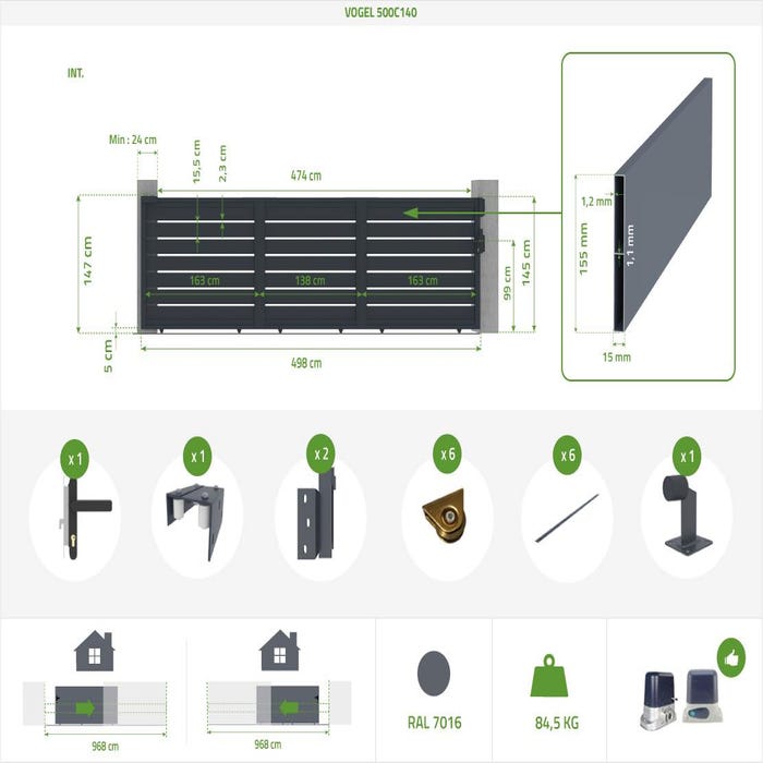 Pack portail coulissant 5m VOGEL 500C140 + Portillon VOGEL 100P140 1