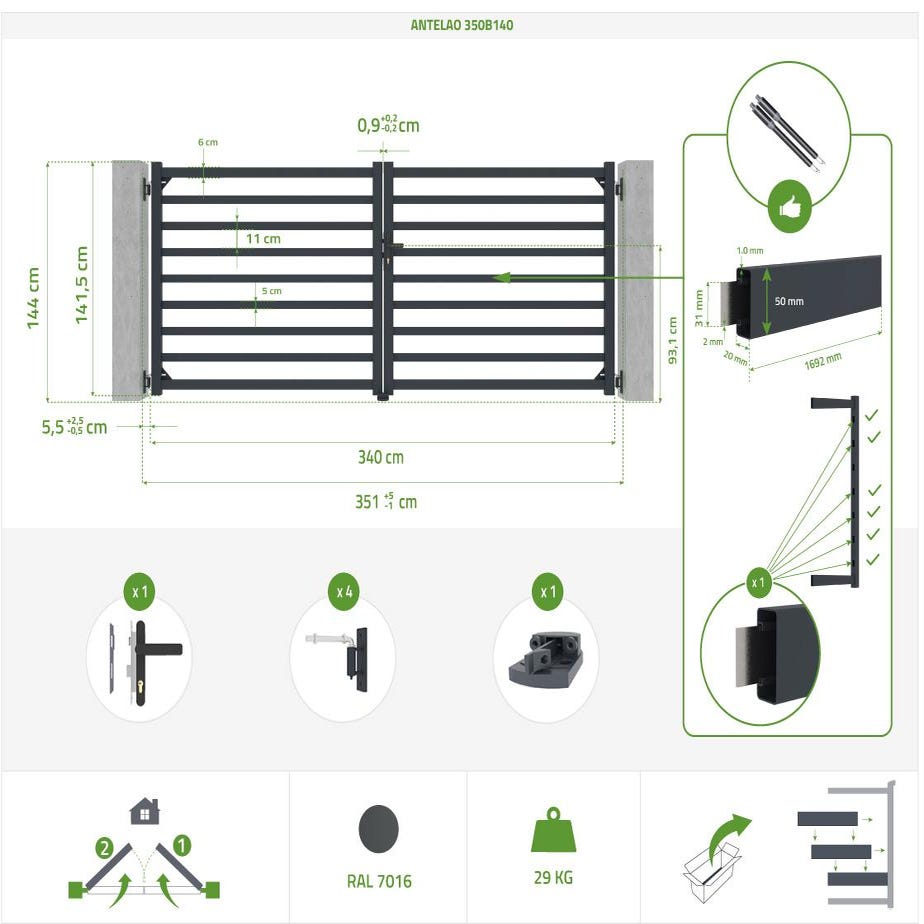 Portail alu battant 3,5m ANTELAO 350B140 1