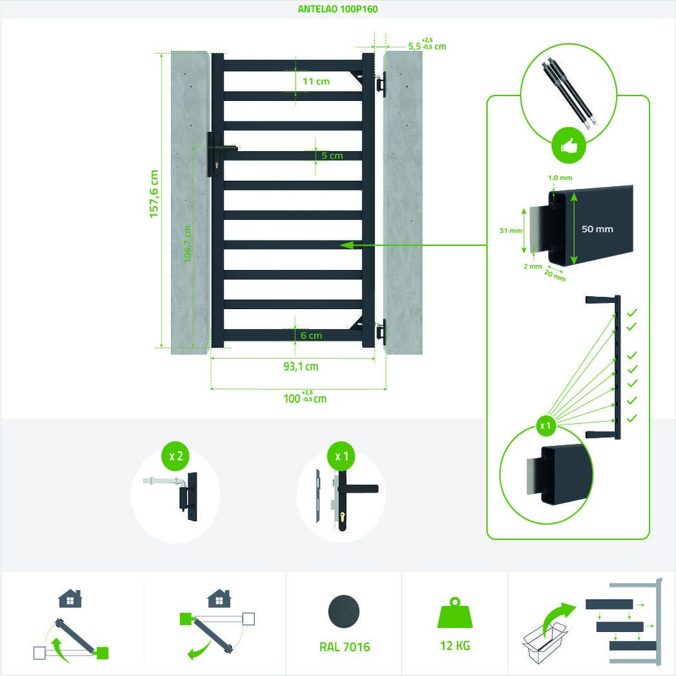 Pack portail battant ANTELAO 300B160 + Portillon ANTELAO 100P160 GRIS 2