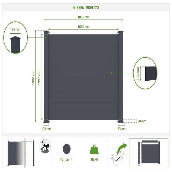 Lot de 3 panneaux de clôture aluminium NIESEN H.170 cm - Kit complet 5.7m 1