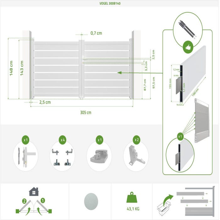 Pack portail battant VOGEL 300B140 + Portillon VOGEL 100P140 Blanc 1