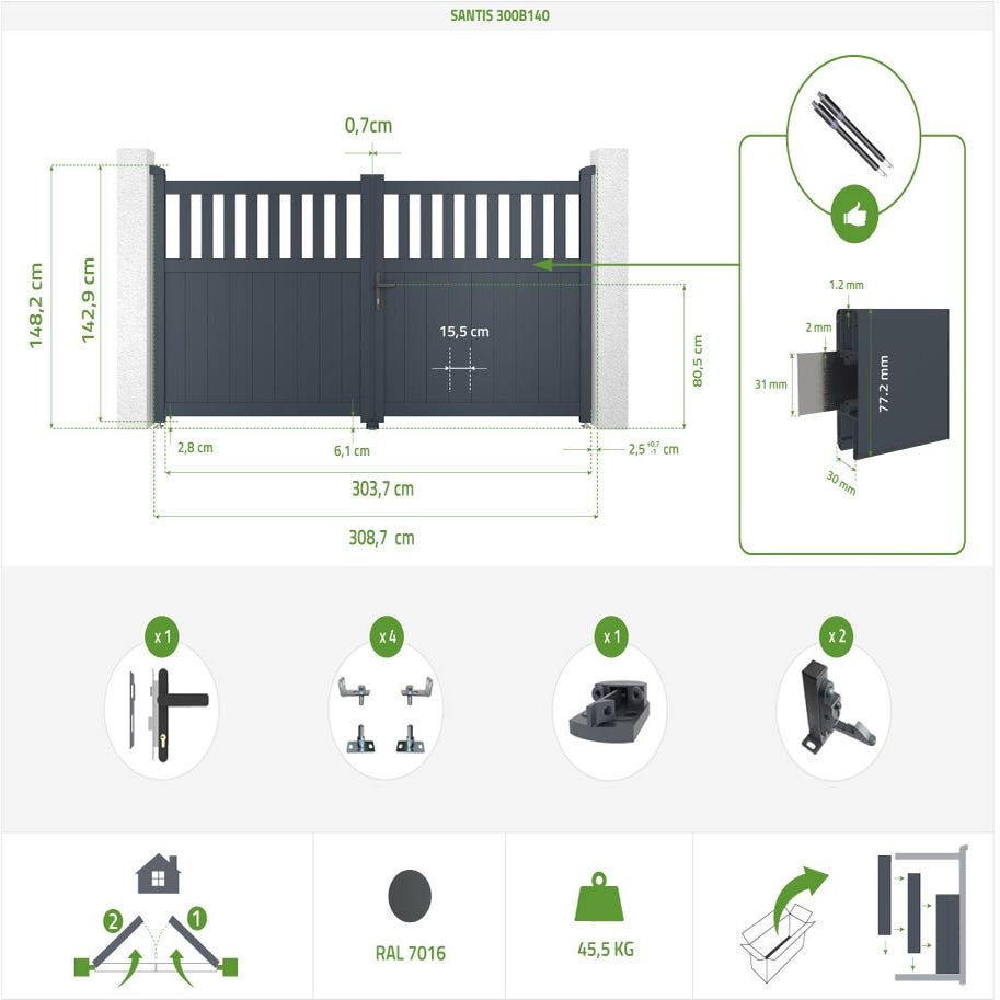 Pack portail battant SANTIS 300B140 + Portillon SANTIS 100P140 GRIS 1