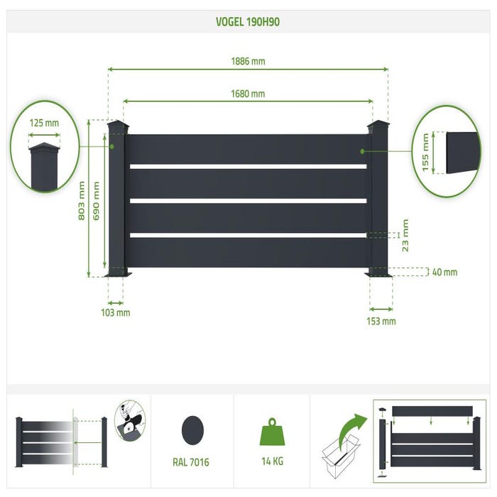 Lot de 2 panneaux de clôture aluminium VOGEL H.90 cm - Kit complet 3.8m 1