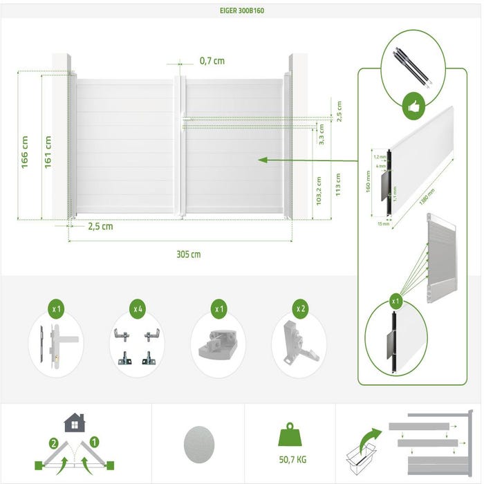 Portail alu battant 3m EIGER 300B160 BLANC 1
