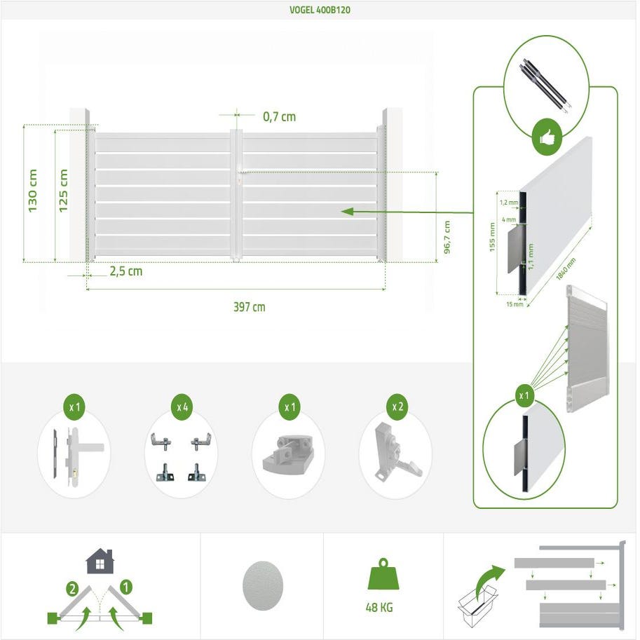 Pack portail battant VOGEL 400B120 + Portillon VOGEL 100P120 Blanc 1