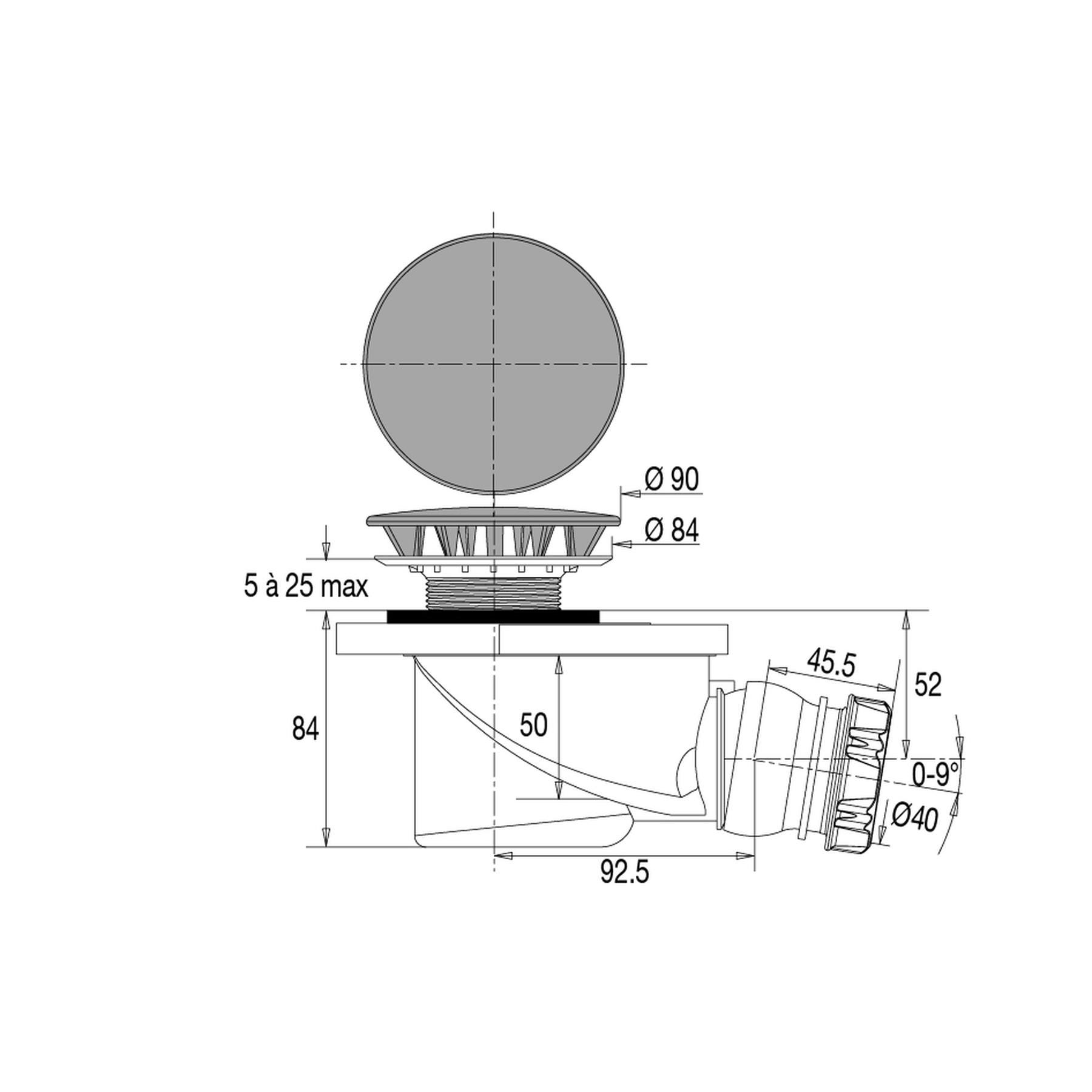 bonde pour receveur tgd - diamètre 60 - sortie horizontale 66 litres / mn - valentin 57710000000 2
