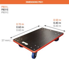 Plateau roulant bois 600x400mm - Roues caoutchouc - Charge max. 350kg - PB34 2