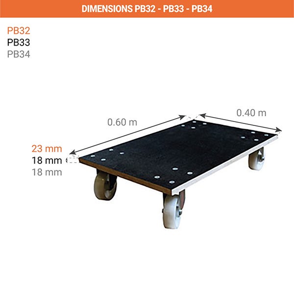 Plateau roulant bois 600x400mm - Roues caoutchouc - Charge max. 350kg - PB34 3