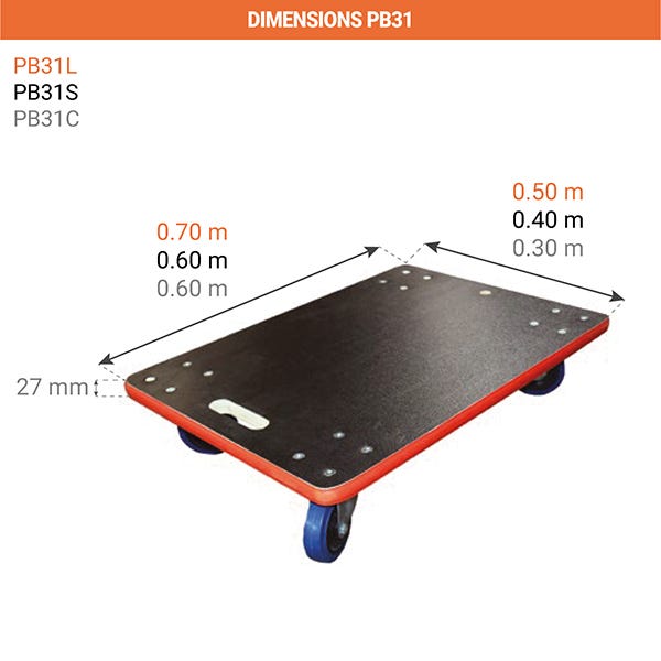 Plateau roulant bois 600x400mm - Roues polyamide - Charge max. 350kg - PB33 2