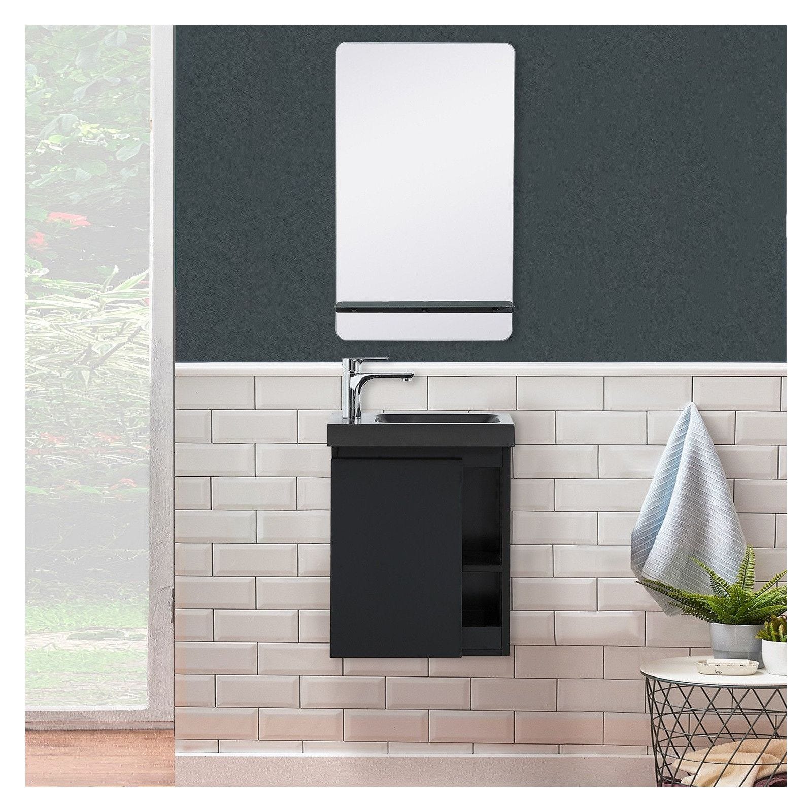 Meuble lave-mains HAMPTON Noir avec vasque noire + miroir 0