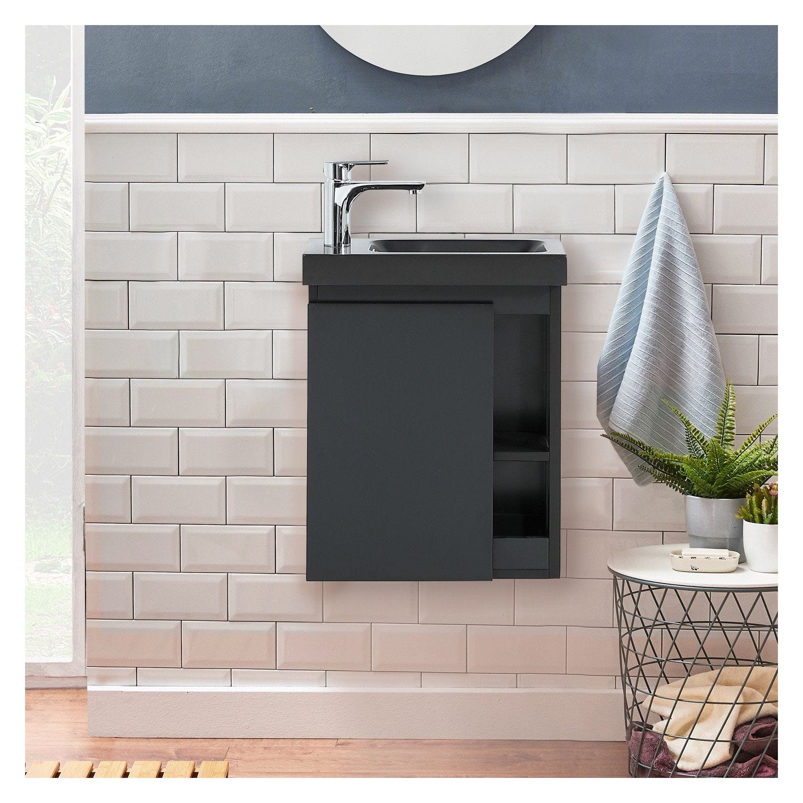 Meuble lave-mains HAMPTON Noir avec vasque noire + miroir 2