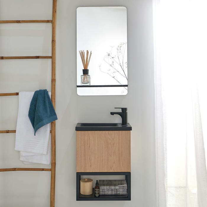 Meuble lave-mains NOVA décor chêne suspendu + miroir rectangulaire 0