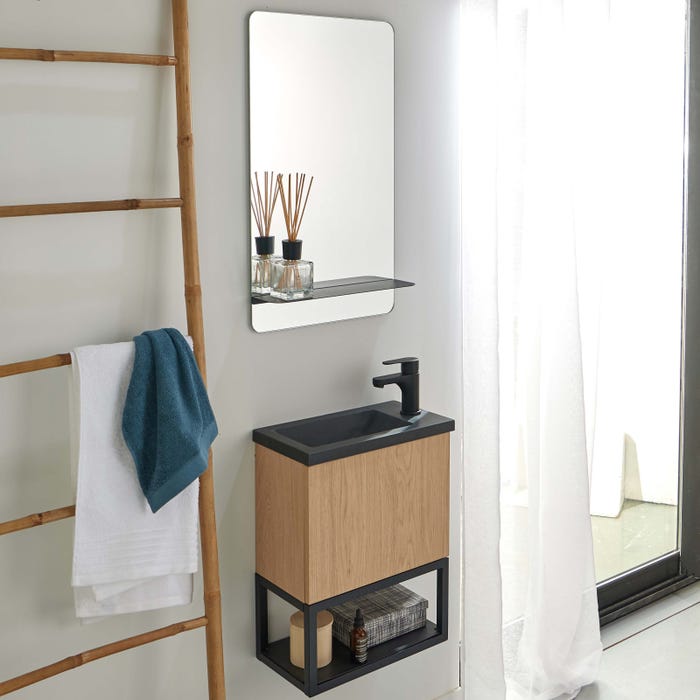 Meuble lave-mains NOVA décor chêne suspendu + miroir rectangulaire 2