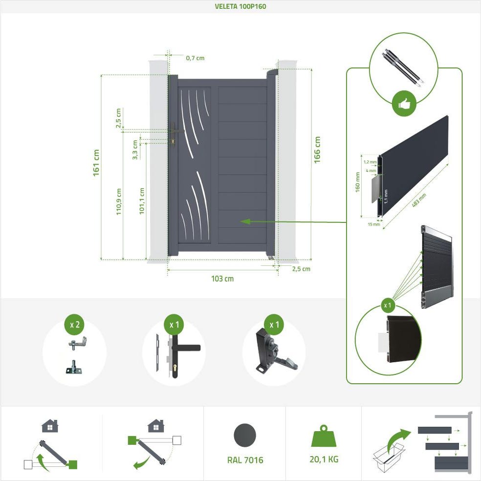 Pack portail coulissant VELETA 300C160 + Portillon VELETA 100P160 2