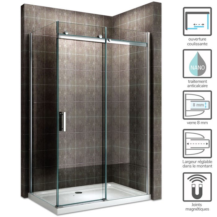 ALIXA Cabine paroi de douche d'angle H. 200 cm porte coulissante - verre 8 mm transparent 100 x 150 cm (porte 150) 1