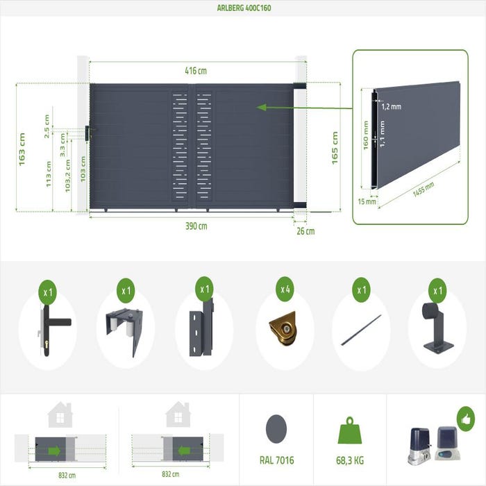 Pack portail coulissant ARLBERG 400C160 + Portillon ARLBERG 100P160 1